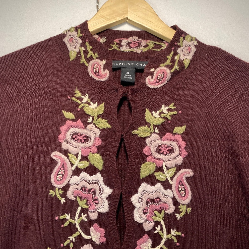 Josephine Chaus Embroidered Overlay Dress Cardigan Women XL Burgundy Wool Blend - Picture 2 of 11